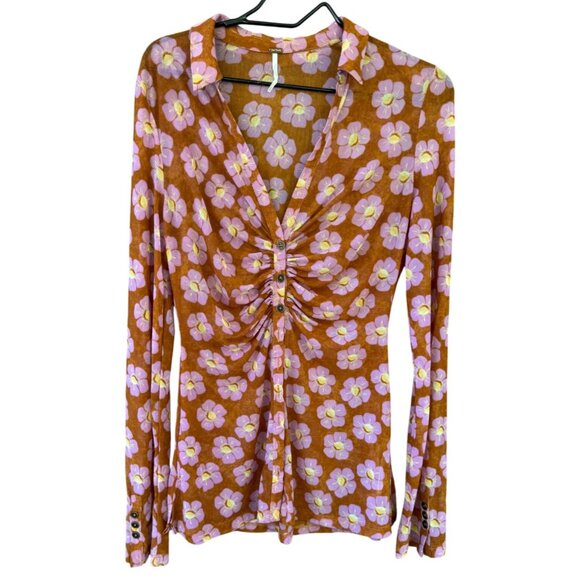 Free People Womens Lucky Shirtee Floral Long Sleeve Blouse Medium Rust/Purple - Picture 4 of 9